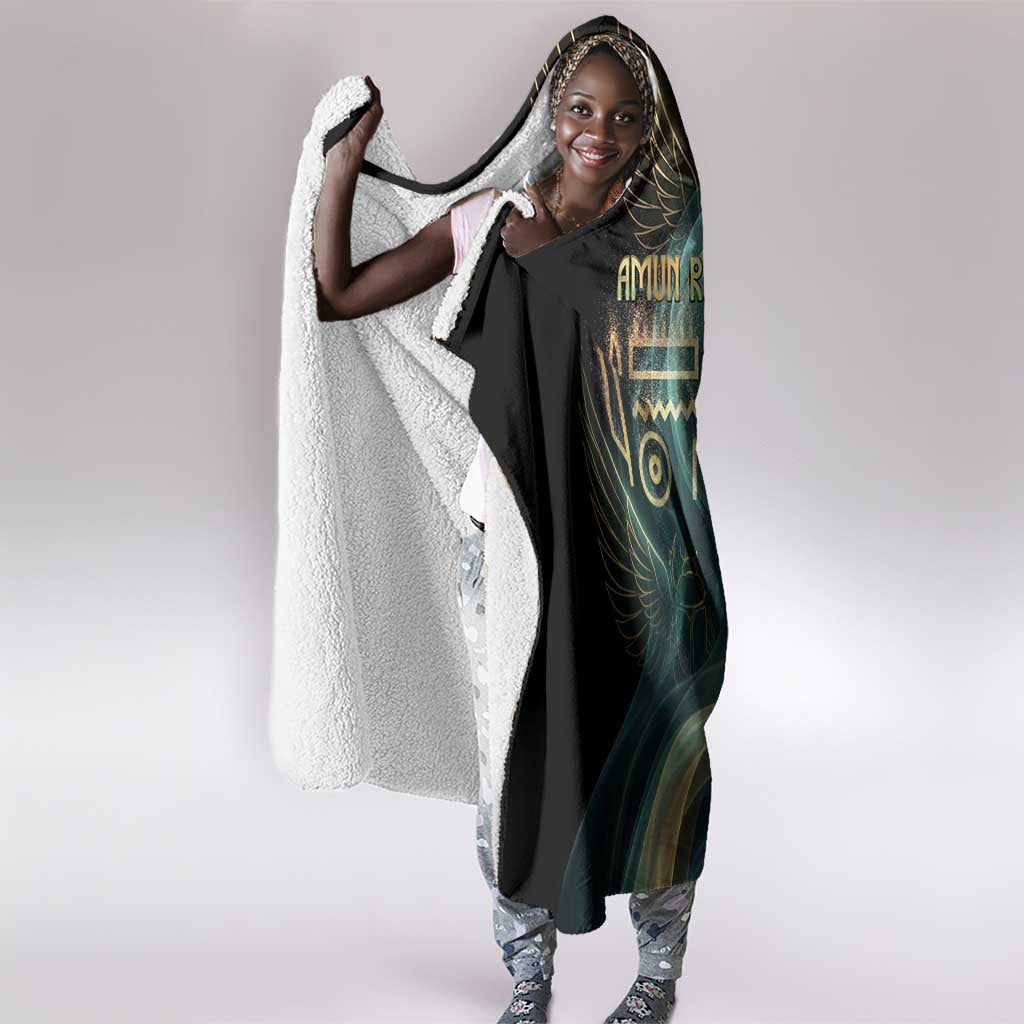 Amun Ancient Egyptian Hooded Blanket with Mystical Smoke Swirl Pattern, Fiery Ram Head, and Hieroglyphic - African Pride