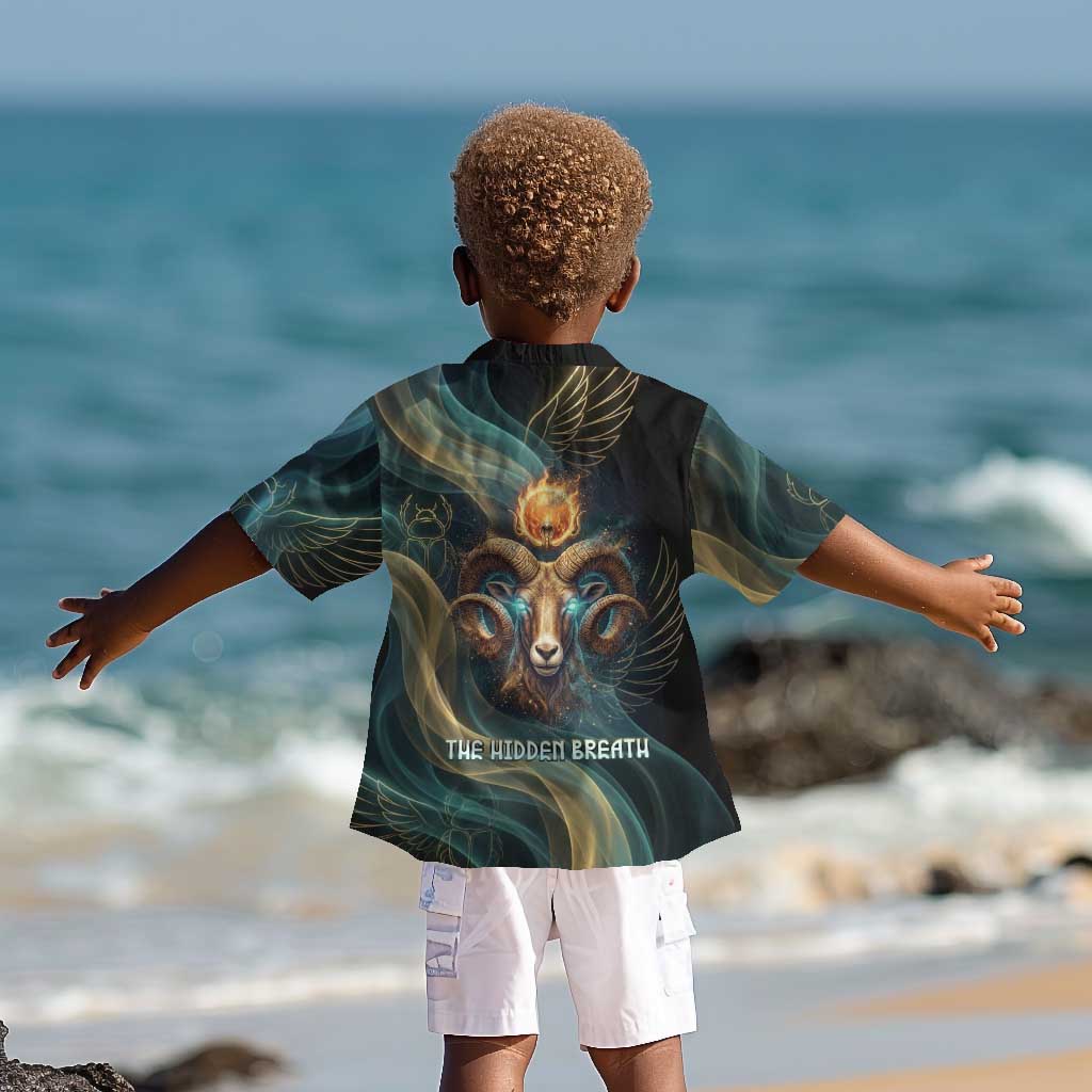 Amun Ancient Egyptian Kid Hawaiian Shirt with Mystical Smoke Swirl Pattern, Fiery Ram Head, and Hieroglyphic - African Pride