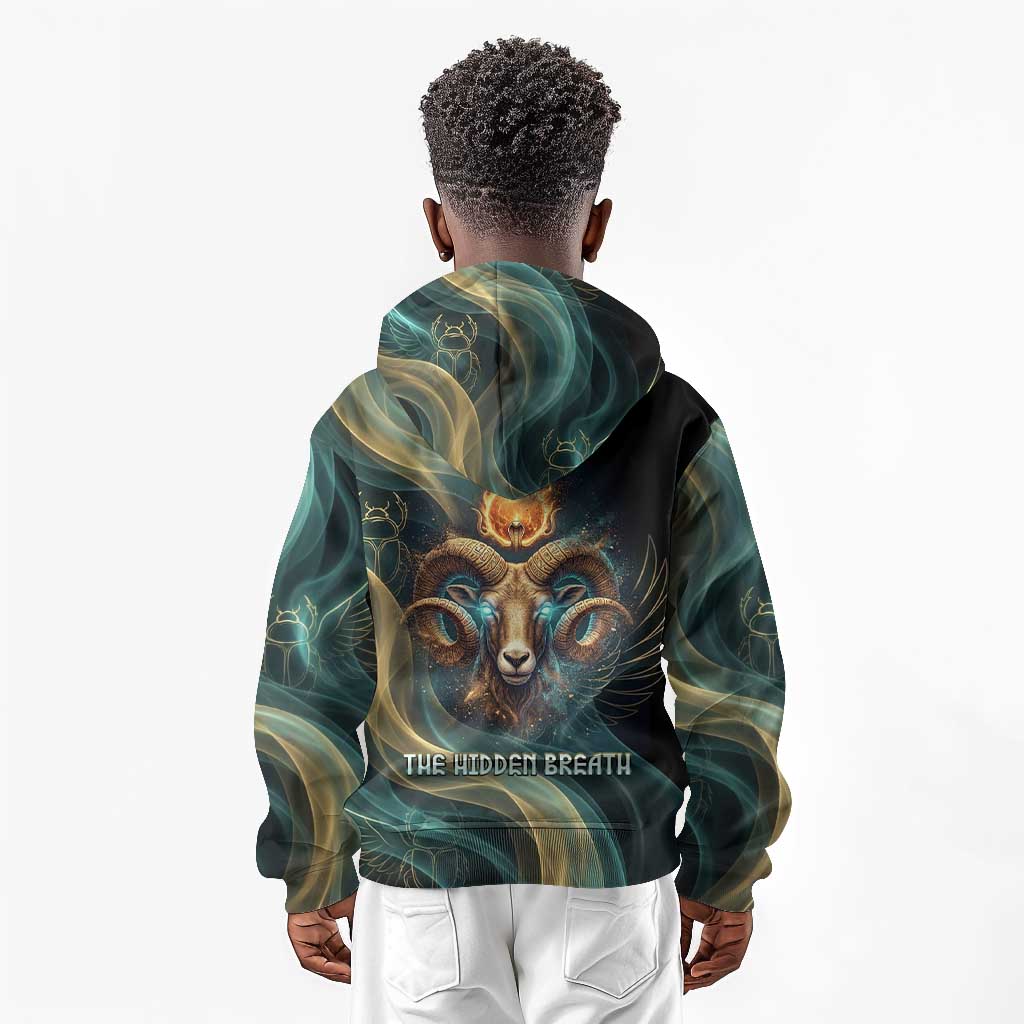 Amun Ancient Egyptian Kid Hoodie with Mystical Smoke Swirl Pattern, Fiery Ram Head, and Hieroglyphic - African Pride