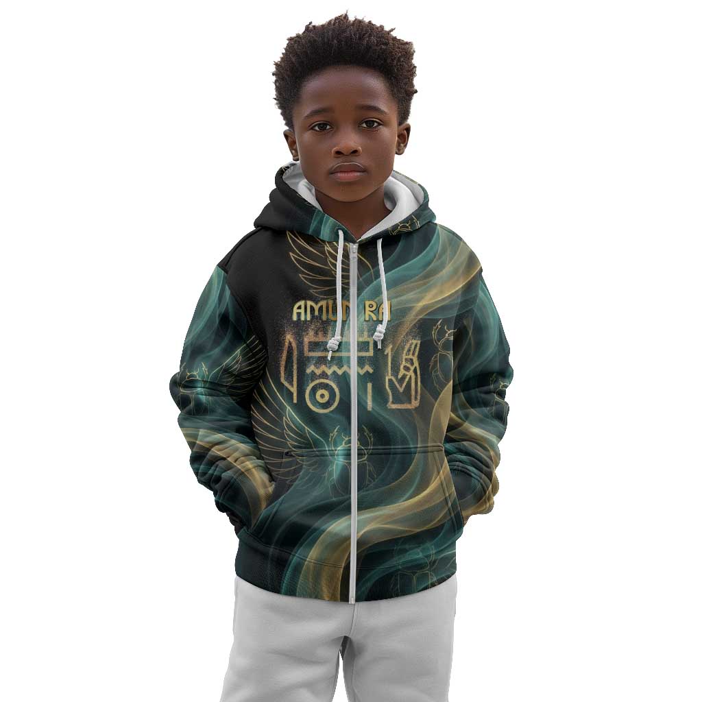 Amun Ancient Egyptian Kid Hoodie with Mystical Smoke Swirl Pattern, Fiery Ram Head, and Hieroglyphic - African Pride