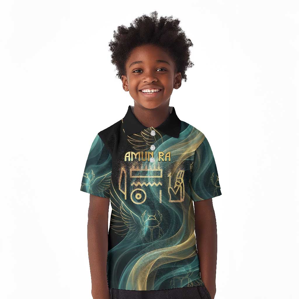 Amun Ancient Egyptian Kid Polo Shirt with Mystical Smoke Swirl Pattern, Fiery Ram Head, and Hieroglyphic - African Pride
