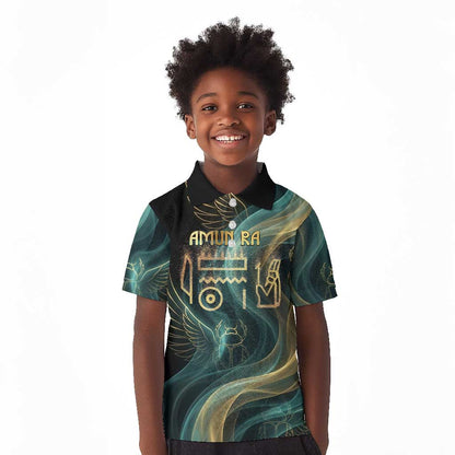 Amun Ancient Egyptian Kid Polo Shirt with Mystical Smoke Swirl Pattern, Fiery Ram Head, and Hieroglyphic - African Pride