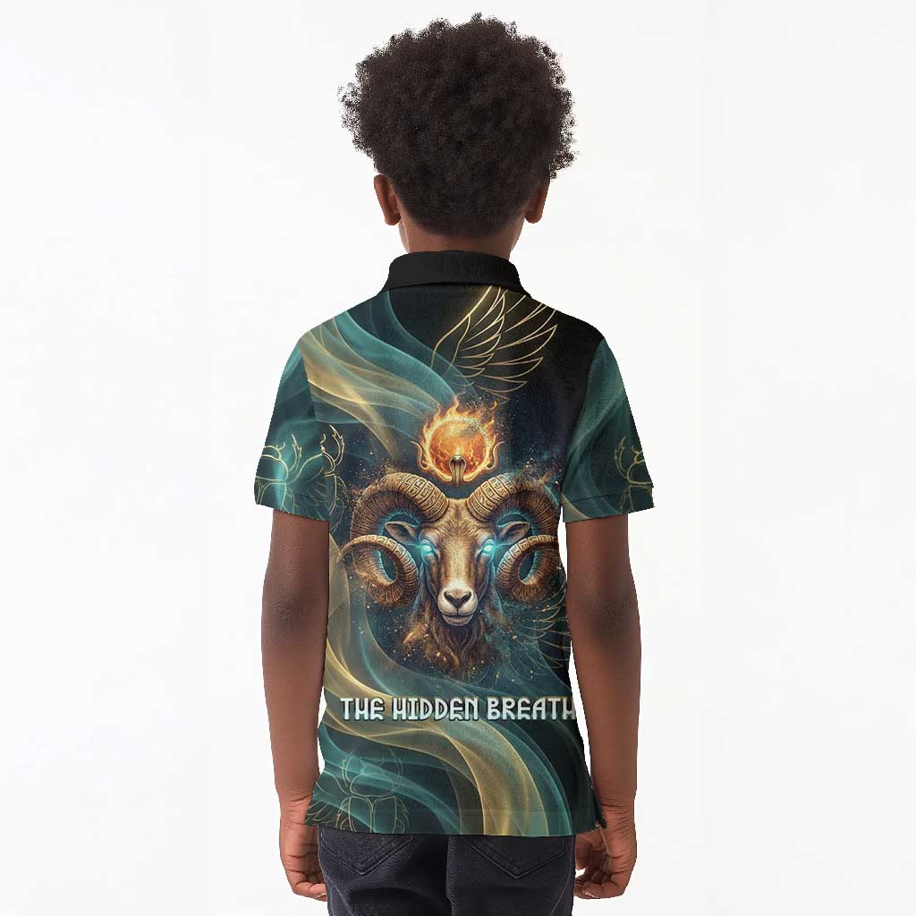 Amun Ancient Egyptian Kid Polo Shirt with Mystical Smoke Swirl Pattern, Fiery Ram Head, and Hieroglyphic - African Pride