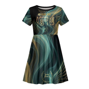 Amun Ancient Egyptian Kid Short Sleeve Dress with Mystical Smoke Swirl Pattern, Fiery Ram Head, and Hieroglyphic - African Pride