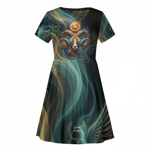 Amun Ancient Egyptian Kid Short Sleeve Dress with Mystical Smoke Swirl Pattern, Fiery Ram Head, and Hieroglyphic - African Pride