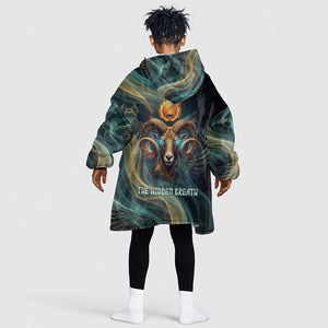 Amun Ancient Egyptian Kid Wearable Blanket Hoodie with Mystical Smoke Swirl Pattern, Fiery Ram Head, and Hieroglyphic - African Pride