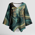 Amun Ancient Egyptian Kimono Sleeve Blouse with Mystical Smoke Swirl Pattern, Fiery Ram Head, and Hieroglyphic - African Pride