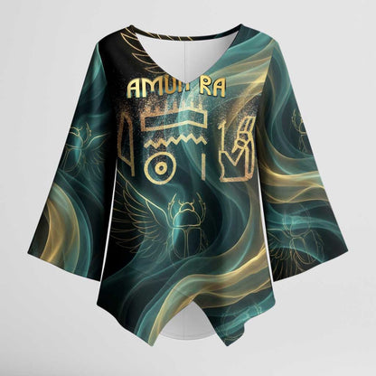 Amun Ancient Egyptian Kimono Sleeve Blouse with Mystical Smoke Swirl Pattern, Fiery Ram Head, and Hieroglyphic - African Pride