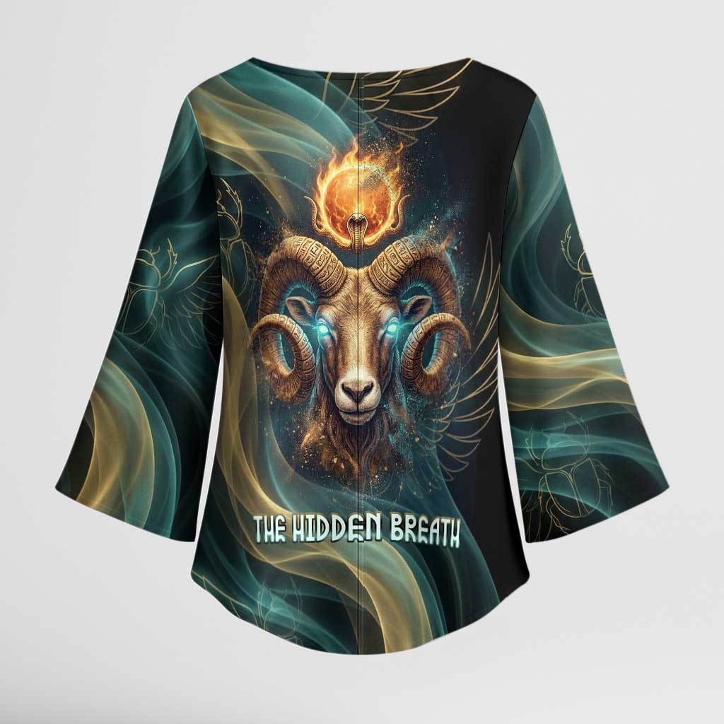 Amun Ancient Egyptian Kimono Sleeve Blouse with Mystical Smoke Swirl Pattern, Fiery Ram Head, and Hieroglyphic - African Pride