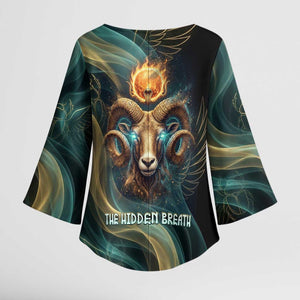 Amun Ancient Egyptian Kimono Sleeve Blouse with Mystical Smoke Swirl Pattern, Fiery Ram Head, and Hieroglyphic - African Pride