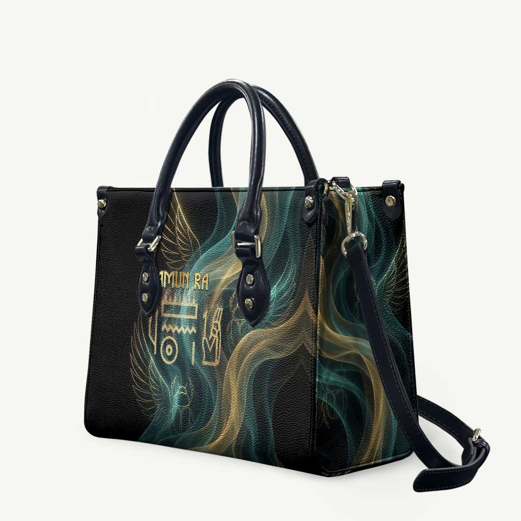 Amun Ancient Egyptian Leather Bag with Mystical Smoke Swirl Pattern, Fiery Ram Head, and Hieroglyphic - African Pride