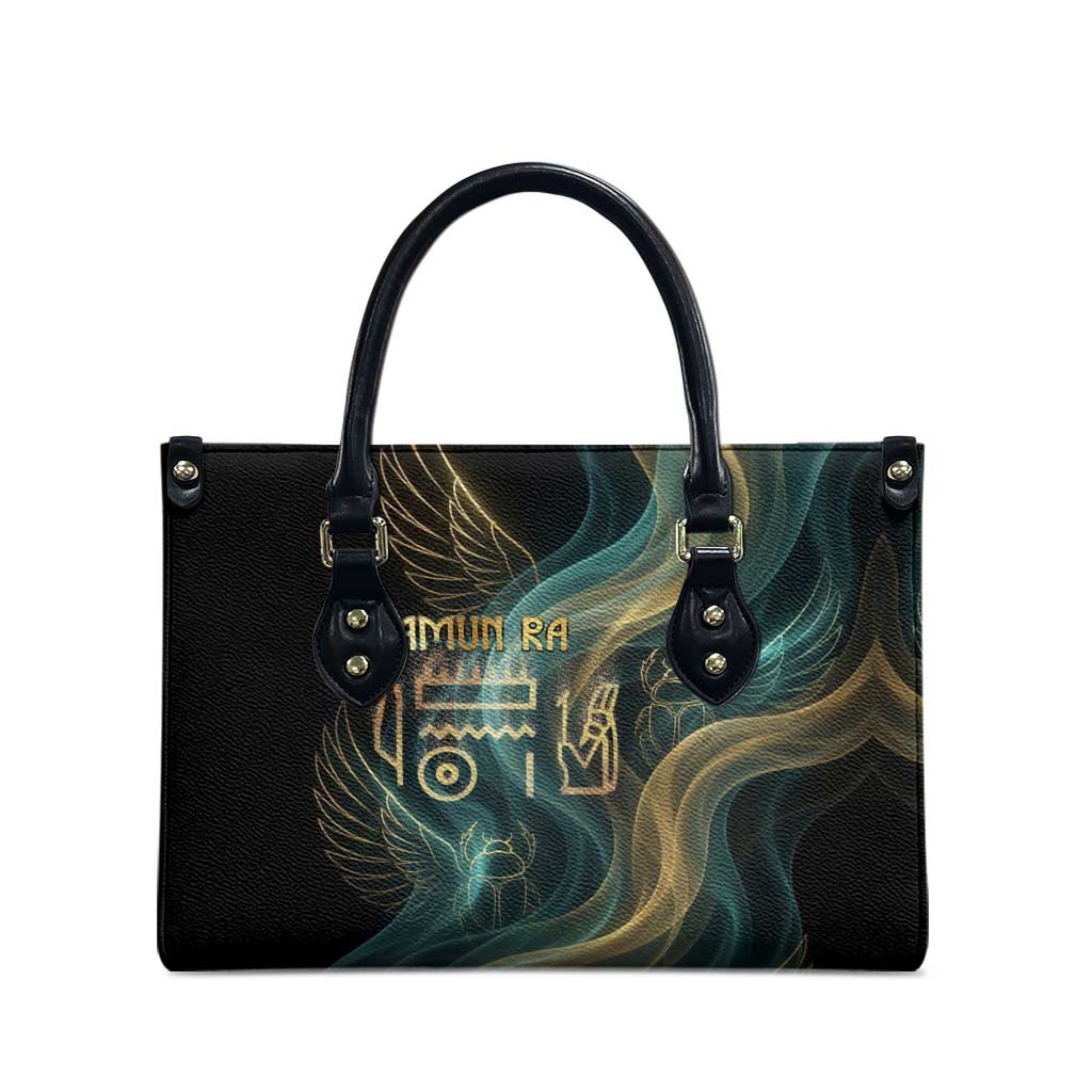 Amun Ancient Egyptian Leather Bag with Mystical Smoke Swirl Pattern, Fiery Ram Head, and Hieroglyphic - African Pride