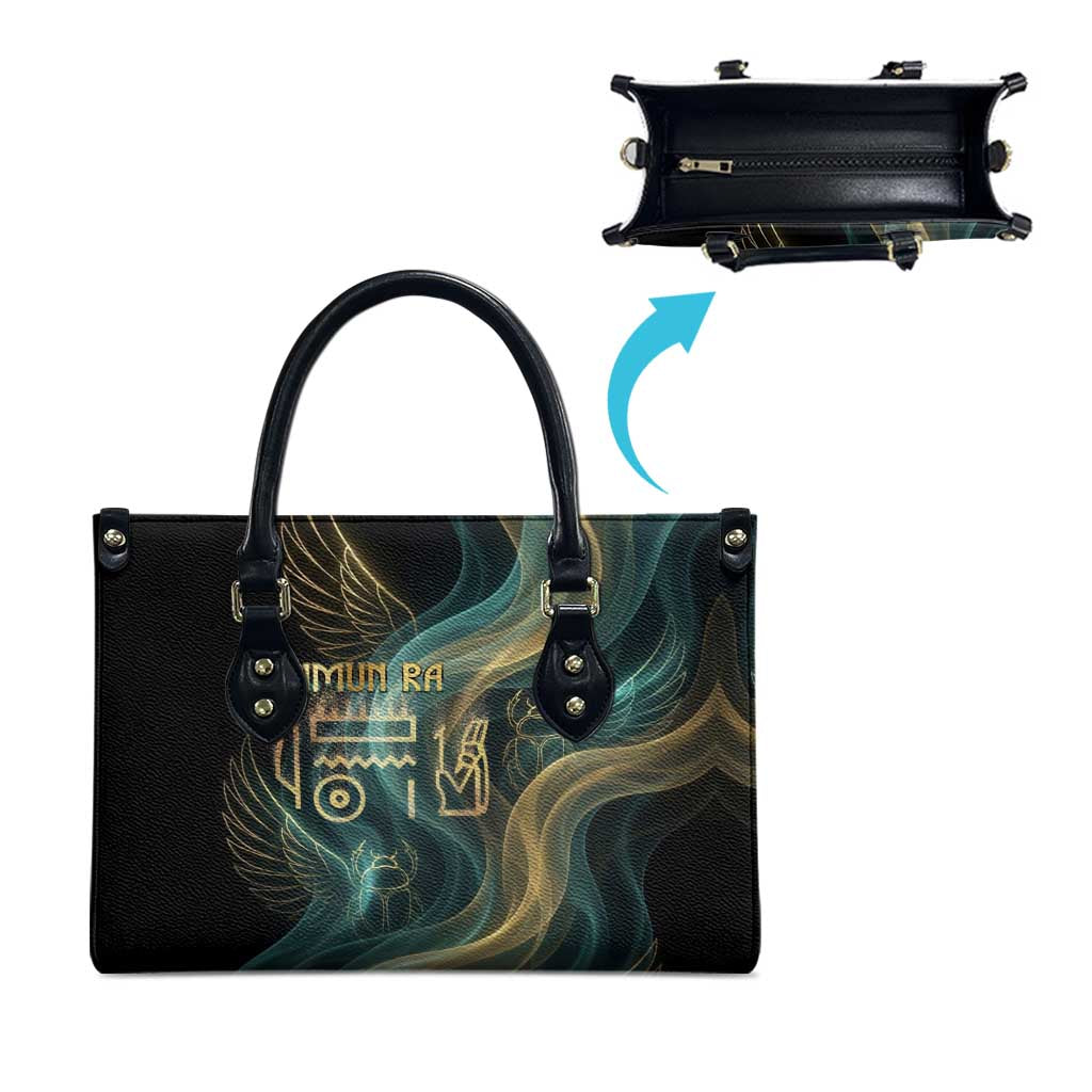 Amun Ancient Egyptian Leather Bag with Mystical Smoke Swirl Pattern, Fiery Ram Head, and Hieroglyphic - African Pride