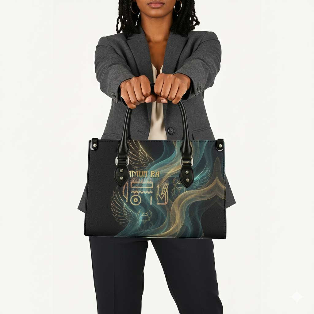 Amun Ancient Egyptian Leather Bag with Mystical Smoke Swirl Pattern, Fiery Ram Head, and Hieroglyphic - African Pride