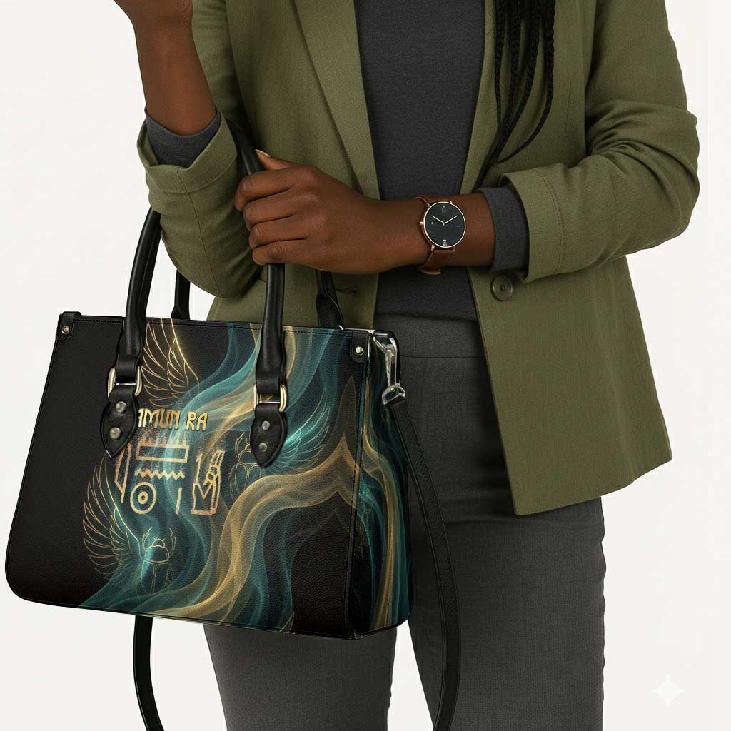 Amun Ancient Egyptian Leather Bag with Mystical Smoke Swirl Pattern, Fiery Ram Head, and Hieroglyphic - African Pride