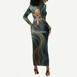 Amun Ancient Egyptian Long Sleeve Bodycon Dress with Mystical Smoke Swirl Pattern, Fiery Ram Head, and Hieroglyphic - African Pride