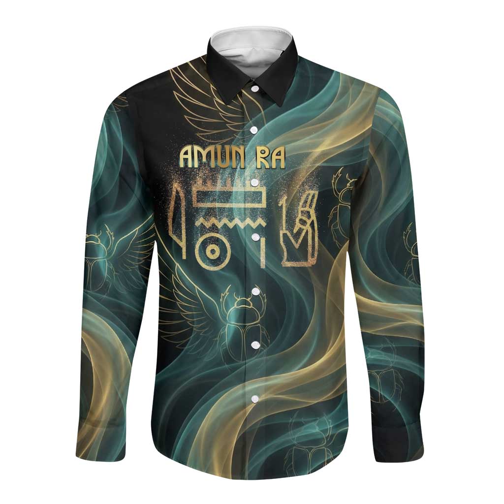 Amun Ancient Egyptian Long Sleeve Button Shirt with Mystical Smoke Swirl Pattern, Fiery Ram Head, and Hieroglyphic - African Pride
