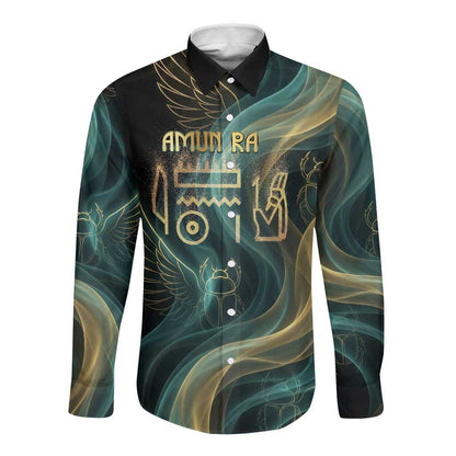 Amun Ancient Egyptian Long Sleeve Button Shirt with Mystical Smoke Swirl Pattern, Fiery Ram Head, and Hieroglyphic - African Pride
