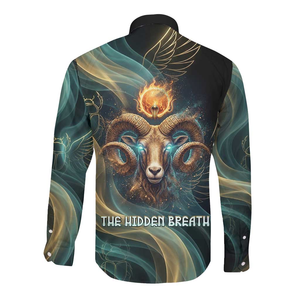 Amun Ancient Egyptian Long Sleeve Button Shirt with Mystical Smoke Swirl Pattern, Fiery Ram Head, and Hieroglyphic - African Pride