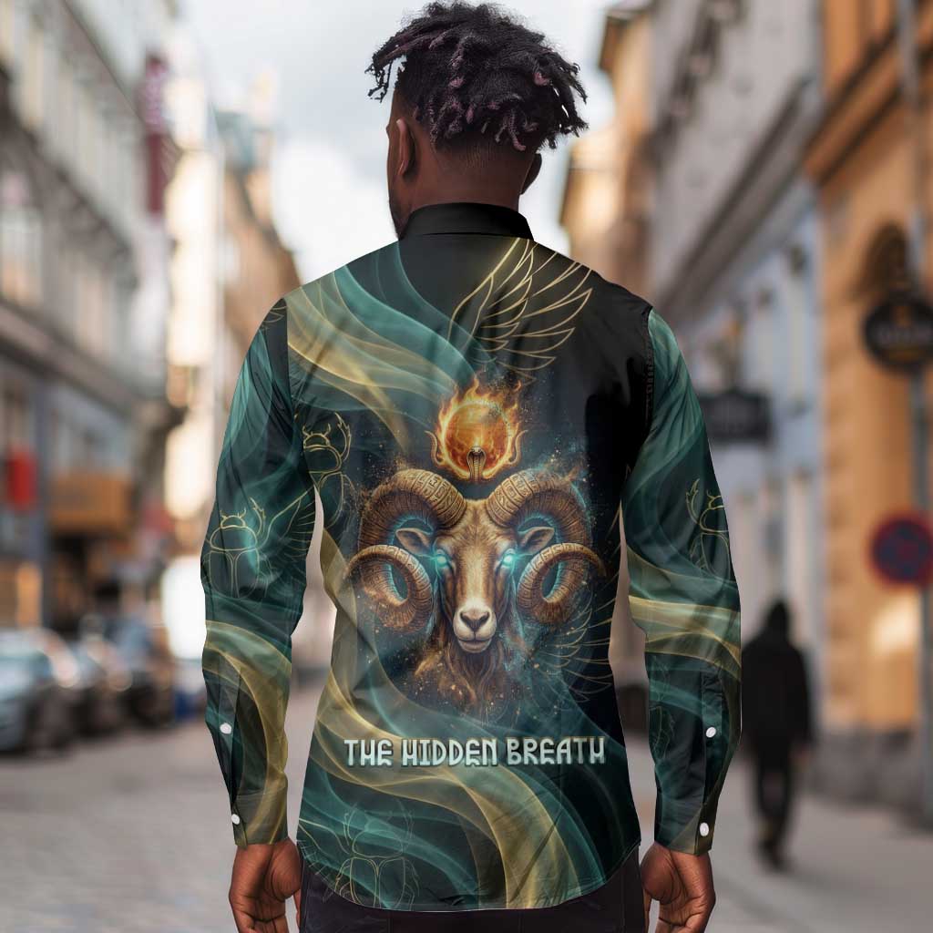 Amun Ancient Egyptian Long Sleeve Button Shirt with Mystical Smoke Swirl Pattern, Fiery Ram Head, and Hieroglyphic - African Pride