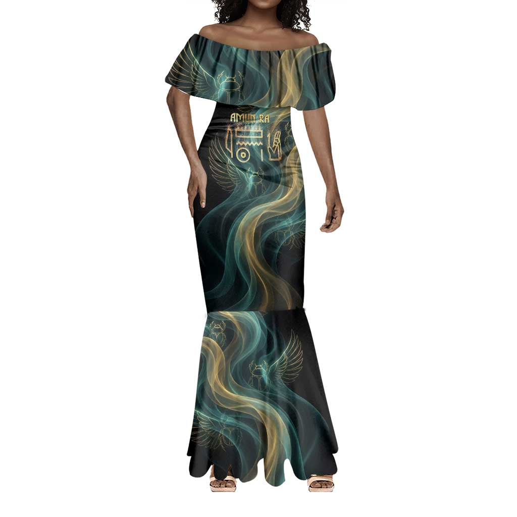 Amun Ancient Egyptian Mermaid Dress with Mystical Smoke Swirl Pattern, Fiery Ram Head, and Hieroglyphic - African Pride