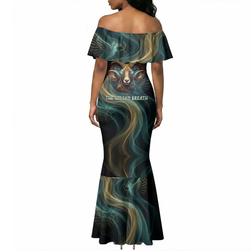 Amun Ancient Egyptian Mermaid Dress with Mystical Smoke Swirl Pattern, Fiery Ram Head, and Hieroglyphic - African Pride
