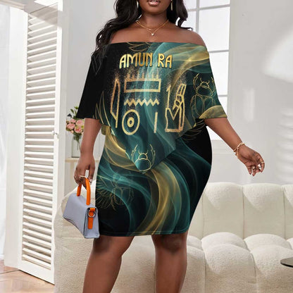 Amun Ancient Egyptian Off Shoulder Short Dress with Mystical Smoke Swirl Pattern, Fiery Ram Head, and Hieroglyphic - African Pride