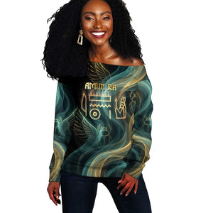 Amun Ancient Egyptian Off Shoulder Sweater with Mystical Smoke Swirl Pattern, Fiery Ram Head, and Hieroglyphic - African Pride
