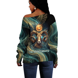 Amun Ancient Egyptian Off Shoulder Sweater with Mystical Smoke Swirl Pattern, Fiery Ram Head, and Hieroglyphic - African Pride