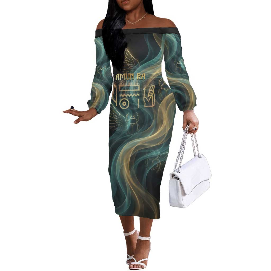 Amun Ancient Egyptian Off The Shoulder Long Sleeve Dress with Mystical Smoke Swirl Pattern, Fiery Ram Head, and Hieroglyphic - African Pride