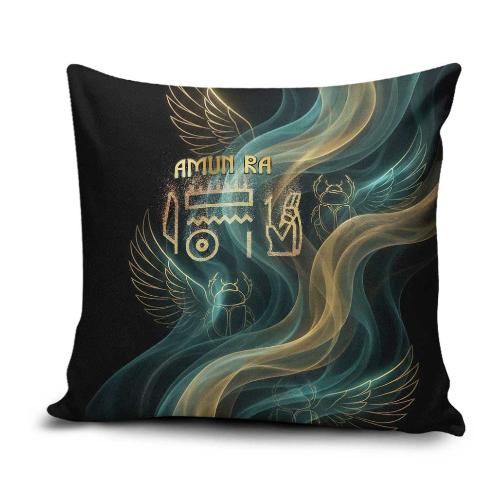 Amun Ancient Egyptian Pillow Cover with Mystical Smoke Swirl Pattern, Fiery Ram Head, and Hieroglyphic - African Pride