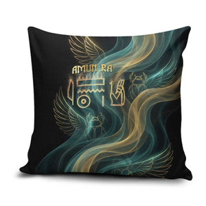 Amun Ancient Egyptian Pillow Cover with Mystical Smoke Swirl Pattern, Fiery Ram Head, and Hieroglyphic - African Pride