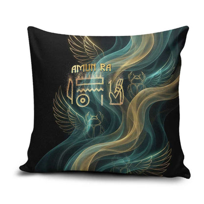 Amun Ancient Egyptian Pillow Cover with Mystical Smoke Swirl Pattern, Fiery Ram Head, and Hieroglyphic - African Pride
