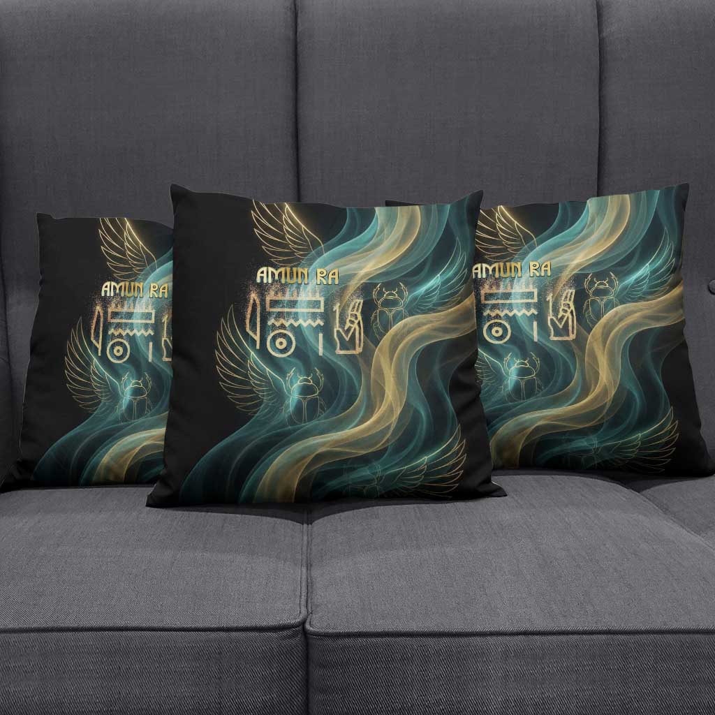 Amun Ancient Egyptian Pillow Cover with Mystical Smoke Swirl Pattern, Fiery Ram Head, and Hieroglyphic - African Pride