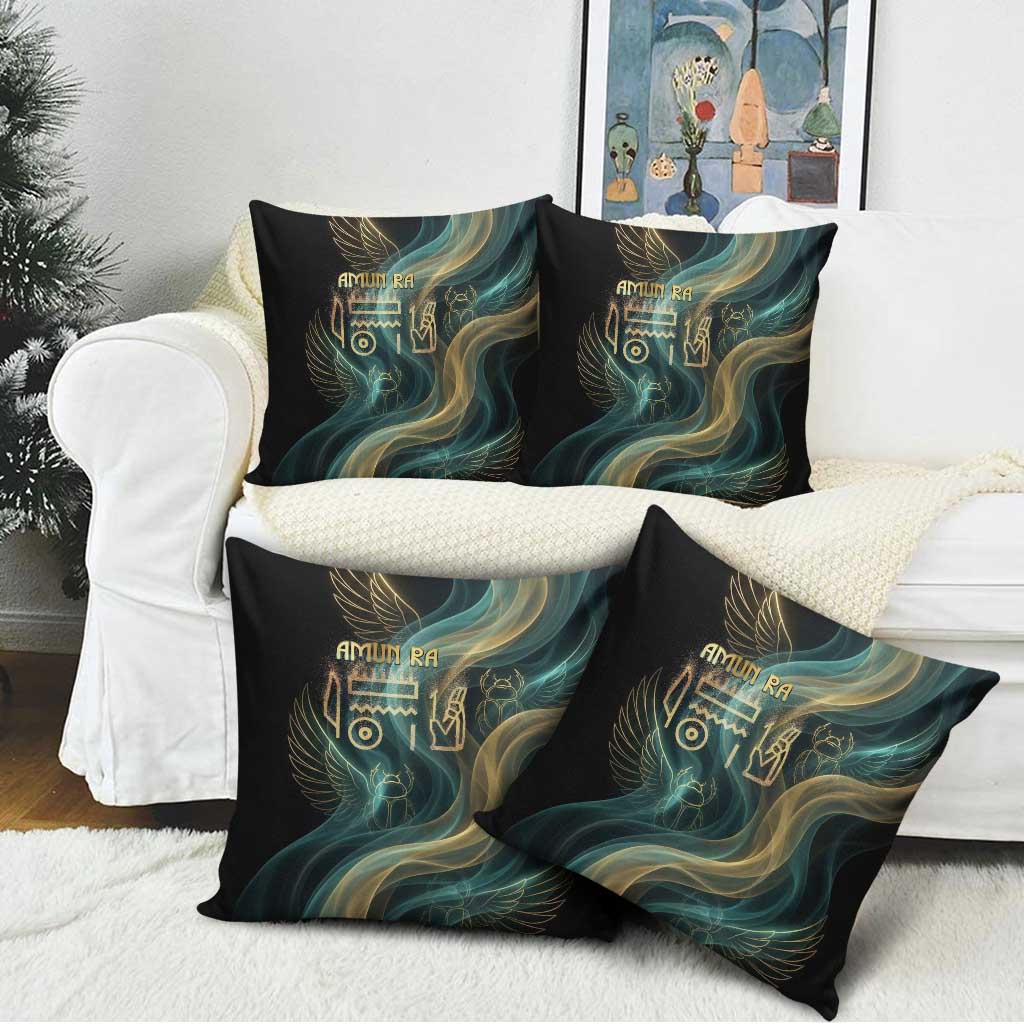 Amun Ancient Egyptian Pillow Cover with Mystical Smoke Swirl Pattern, Fiery Ram Head, and Hieroglyphic - African Pride