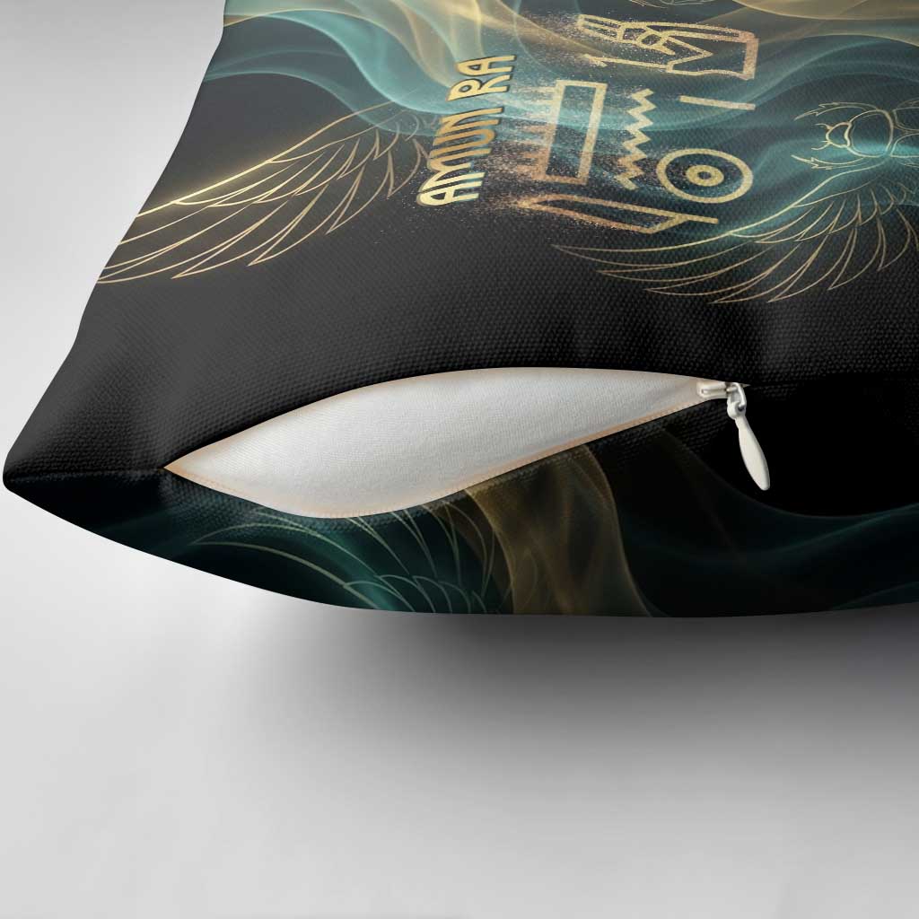 Amun Ancient Egyptian Pillow Cover with Mystical Smoke Swirl Pattern, Fiery Ram Head, and Hieroglyphic - African Pride