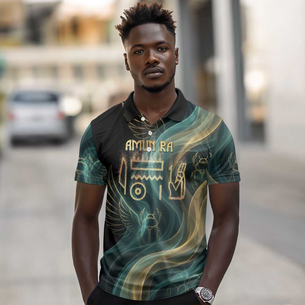 Amun Ancient Egyptian Polo Shirt with Mystical Smoke Swirl Pattern, Fiery Ram Head, and Hieroglyphic - African Pride