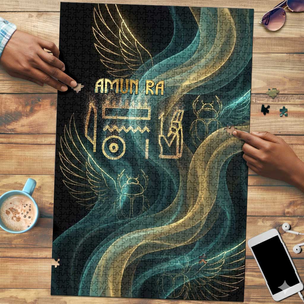 Amun Ancient Egyptian Puzzle with Mystical Smoke Swirl Pattern, Fiery Ram Head, and Hieroglyphic - African Pride