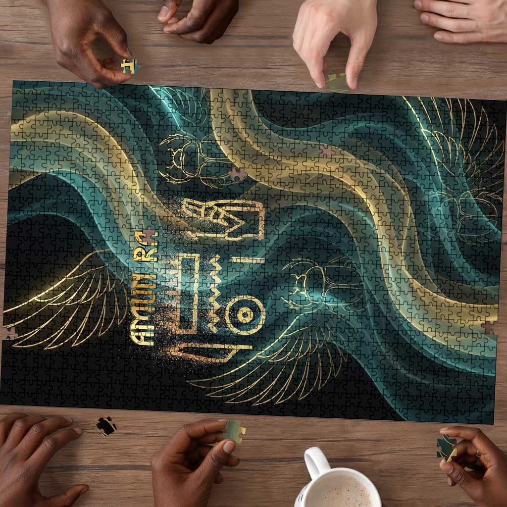 Amun Ancient Egyptian Puzzle with Mystical Smoke Swirl Pattern, Fiery Ram Head, and Hieroglyphic - African Pride
