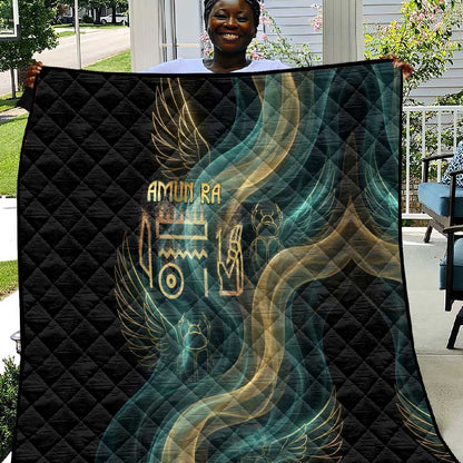 Amun Ancient Egyptian Quilt with Mystical Smoke Swirl Pattern, Fiery Ram Head, and Hieroglyphic - African Pride