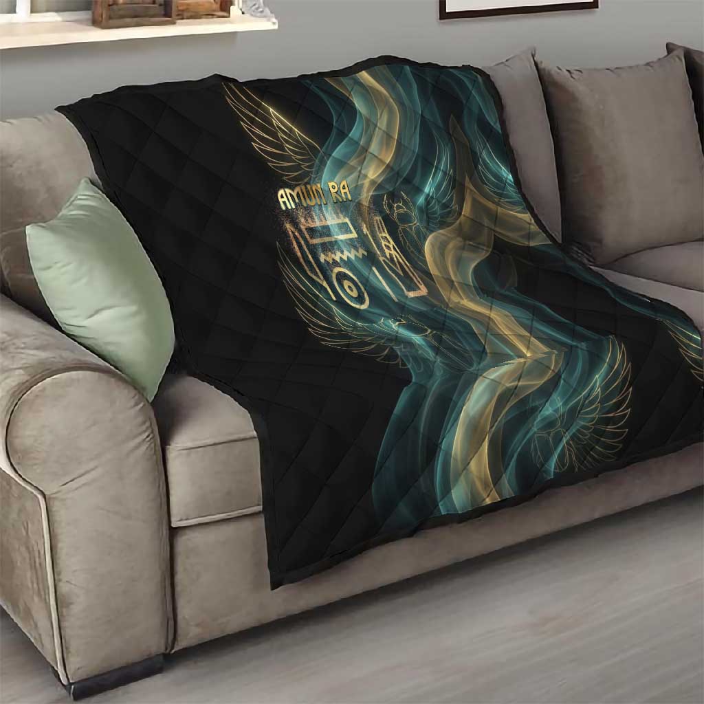 Amun Ancient Egyptian Quilt with Mystical Smoke Swirl Pattern, Fiery Ram Head, and Hieroglyphic - African Pride