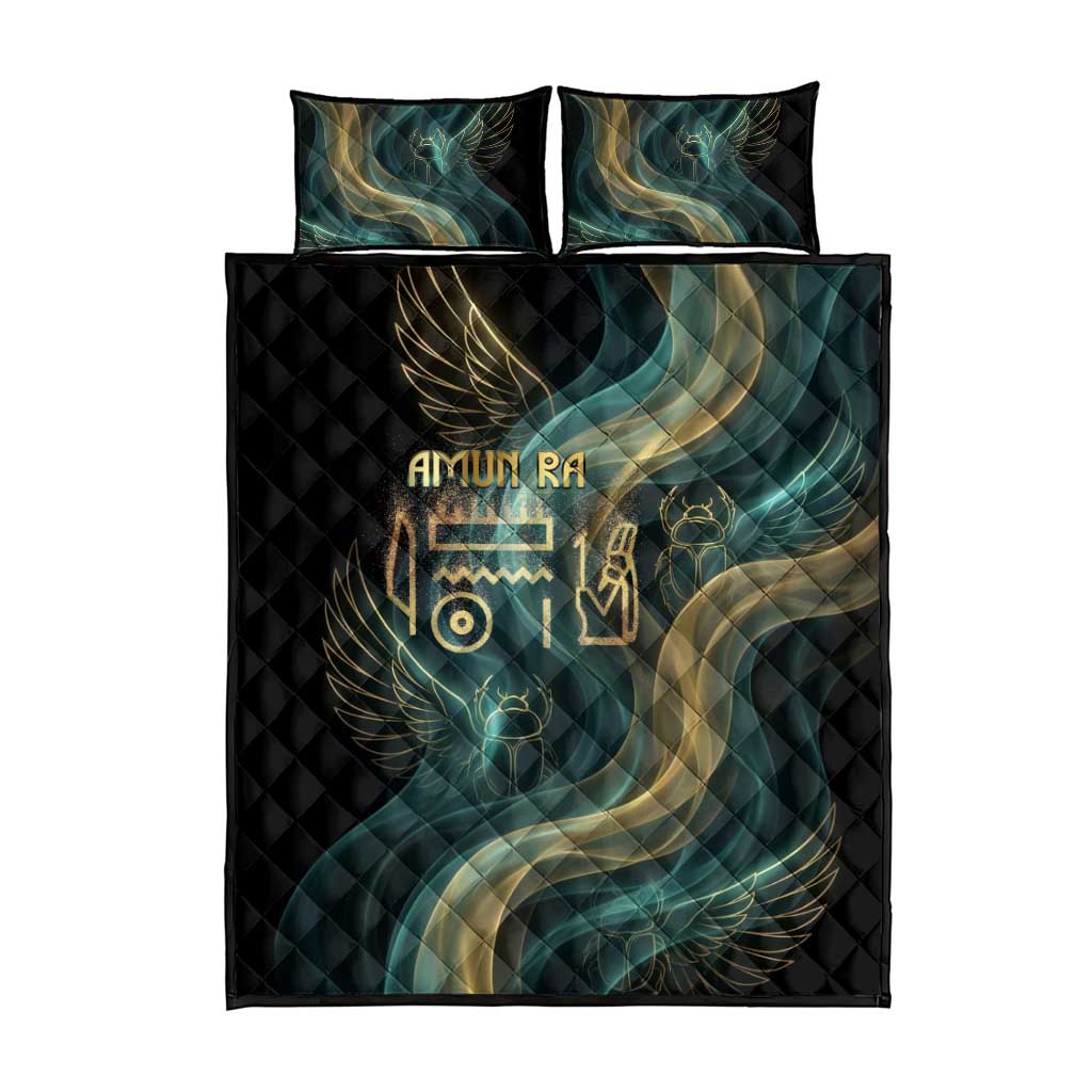 Amun Ancient Egyptian Quilt Bed Set with Mystical Smoke Swirl Pattern, Fiery Ram Head, and Hieroglyphic - African Pride