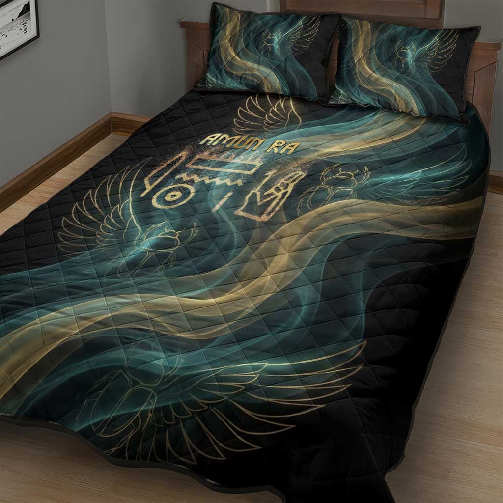 Amun Ancient Egyptian Quilt Bed Set with Mystical Smoke Swirl Pattern, Fiery Ram Head, and Hieroglyphic - African Pride