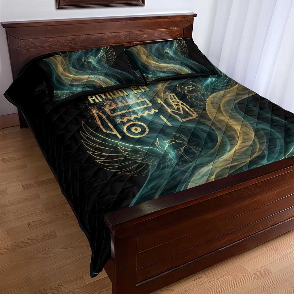 Amun Ancient Egyptian Quilt Bed Set with Mystical Smoke Swirl Pattern, Fiery Ram Head, and Hieroglyphic - African Pride