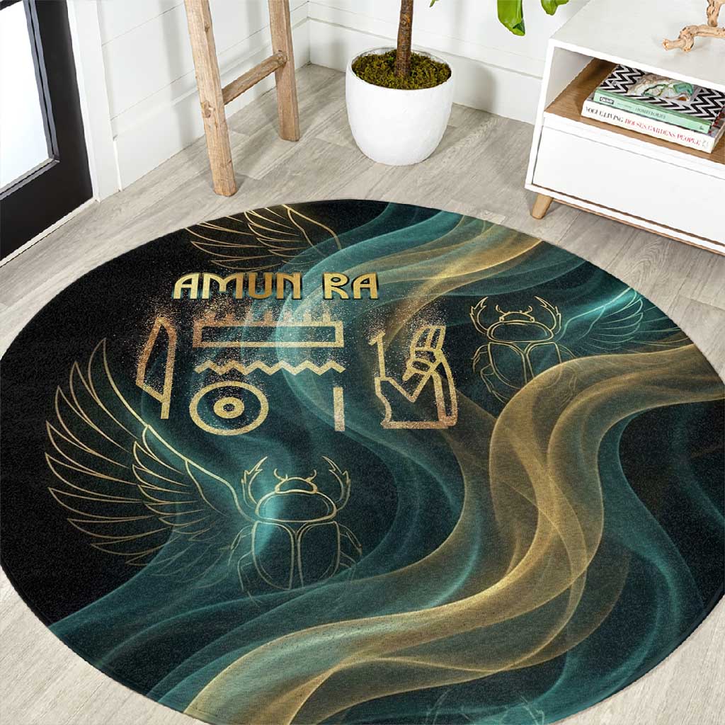 Amun Ancient Egyptian Round Carpet with Mystical Smoke Swirl Pattern, Fiery Ram Head, and Hieroglyphic - African Pride
