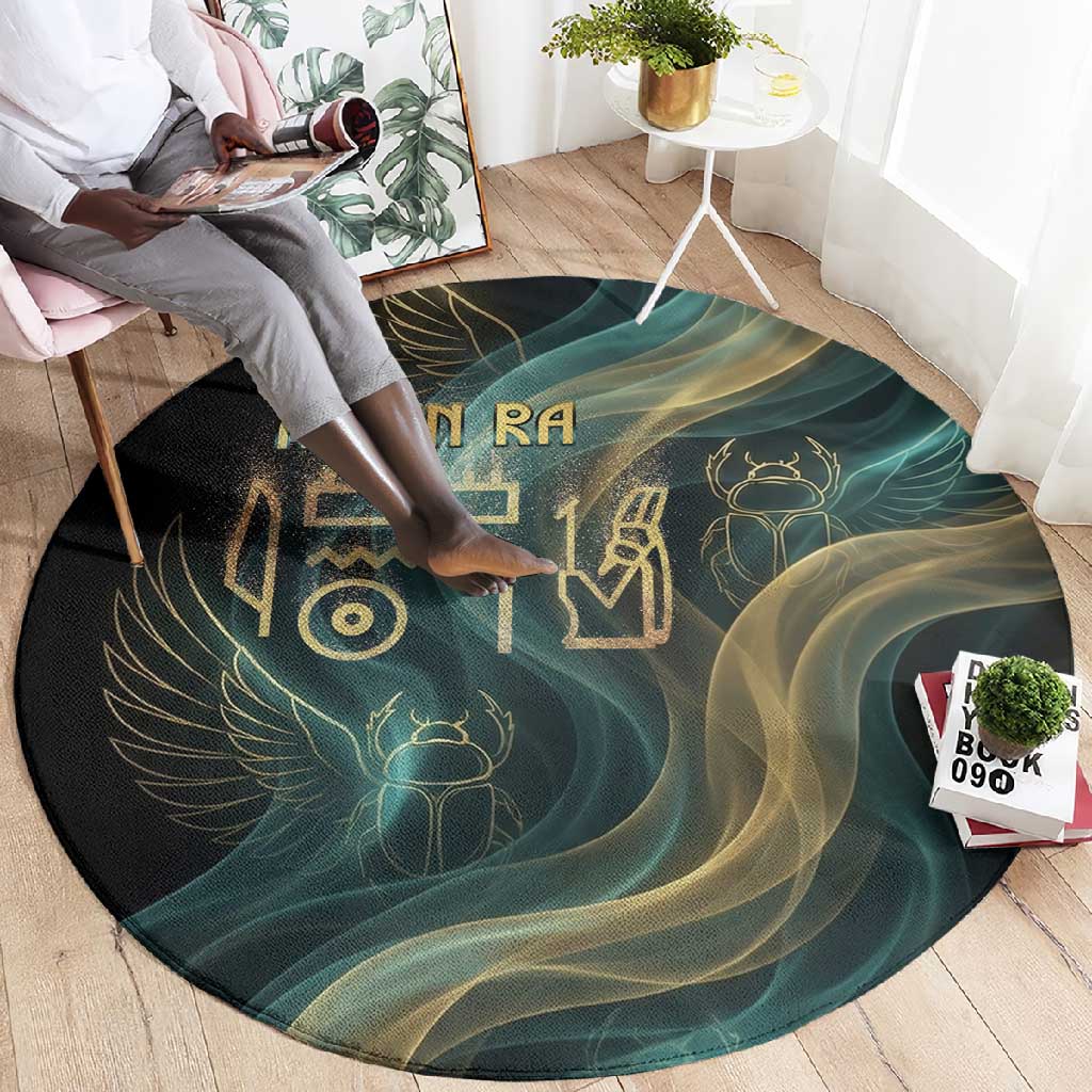 Amun Ancient Egyptian Round Carpet with Mystical Smoke Swirl Pattern, Fiery Ram Head, and Hieroglyphic - African Pride