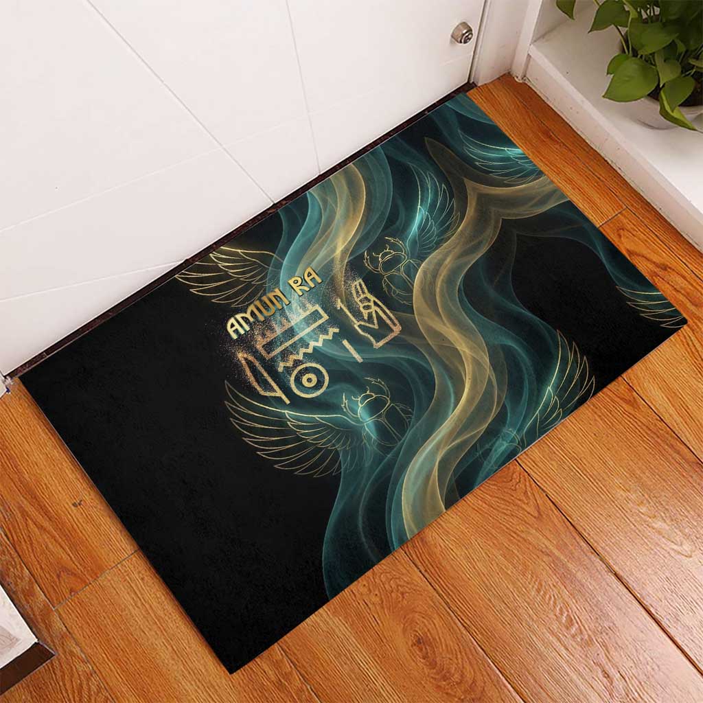 Amun Ancient Egyptian Rubber Doormat with Mystical Smoke Swirl Pattern, Fiery Ram Head, and Hieroglyphic - African Pride