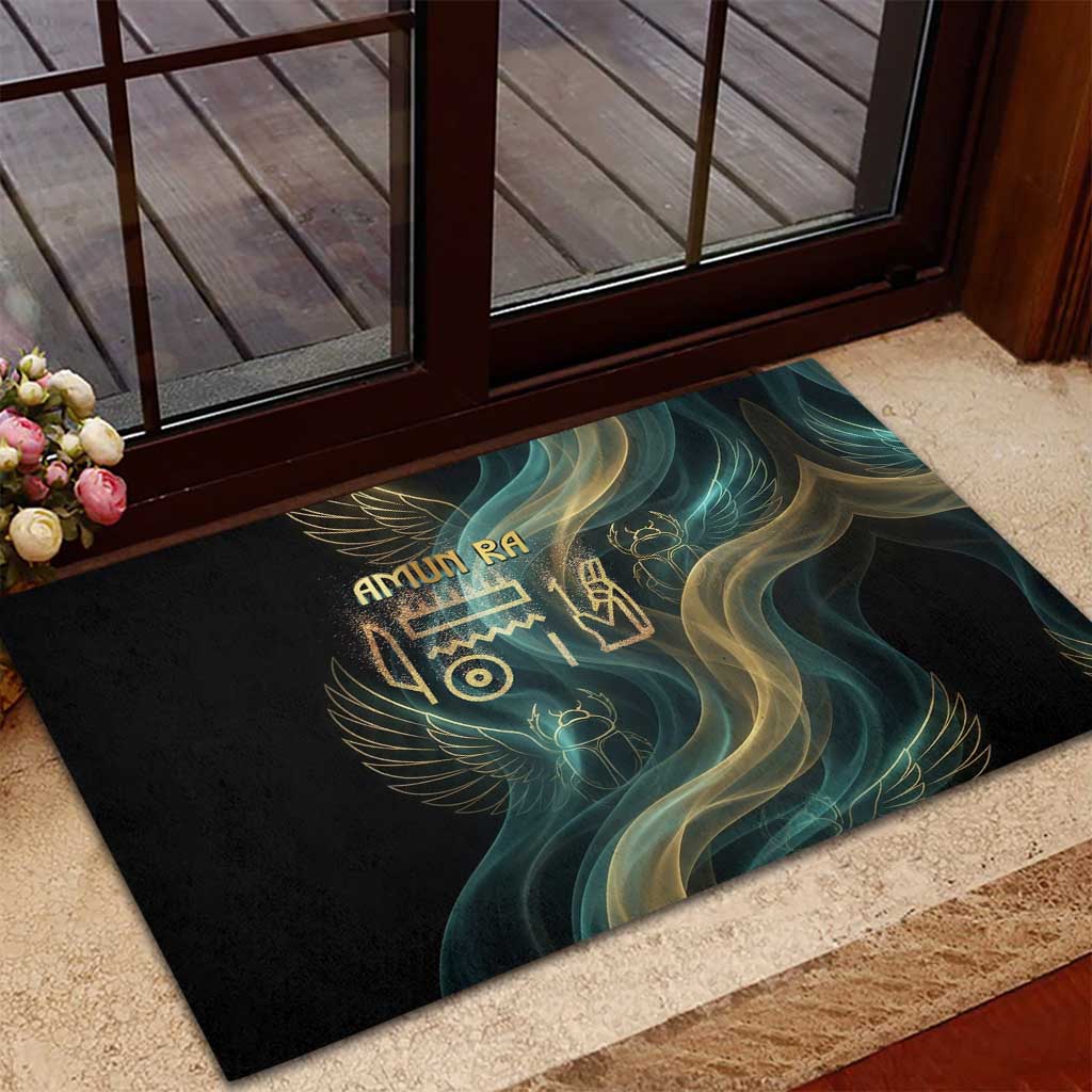 Amun Ancient Egyptian Rubber Doormat with Mystical Smoke Swirl Pattern, Fiery Ram Head, and Hieroglyphic - African Pride