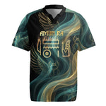 Amun Ancient Egyptian Rugby Jersey with Mystical Smoke Swirl Pattern, Fiery Ram Head, and Hieroglyphic - African Pride