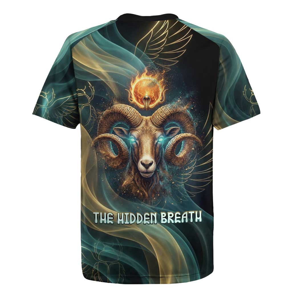 Amun Ancient Egyptian Rugby Jersey with Mystical Smoke Swirl Pattern, Fiery Ram Head, and Hieroglyphic - African Pride